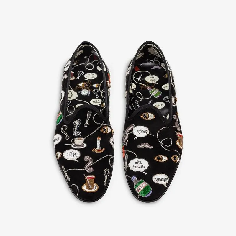 Men Embroidered Graffiti Loafers Suede Black