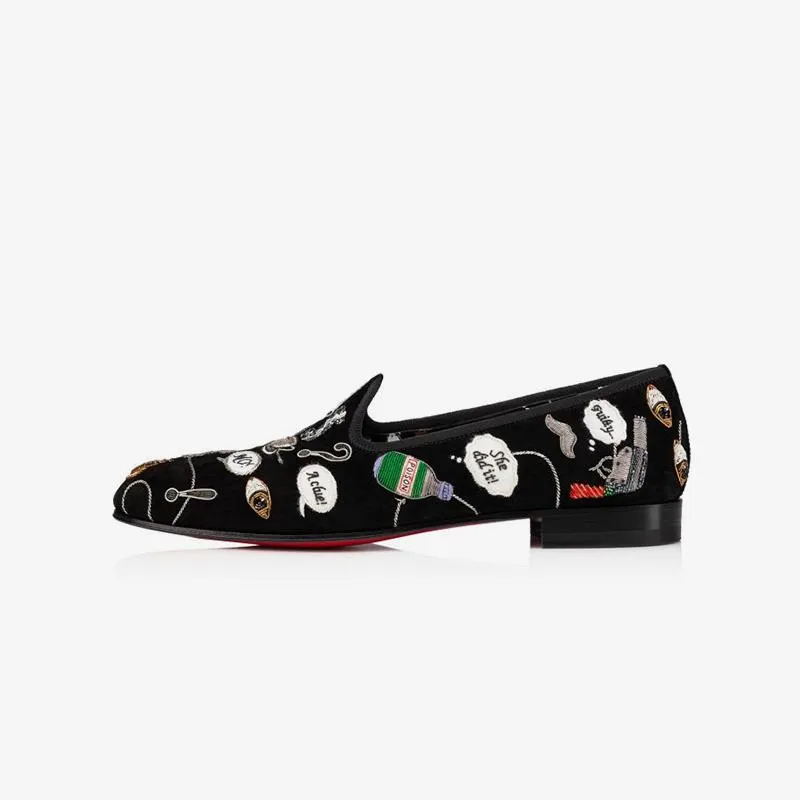 Men Embroidered Graffiti Loafers Suede Black