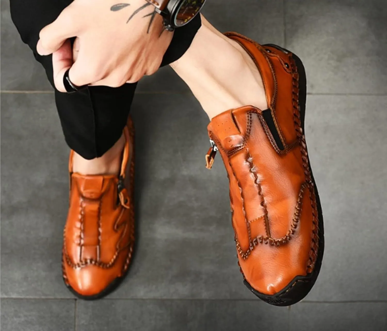 Men Leather Loafer Slip On Comfortable Round Toe Handmade Breathable Soft Sole Walking Flat Penny Work Shoes Driving Shoes for Men