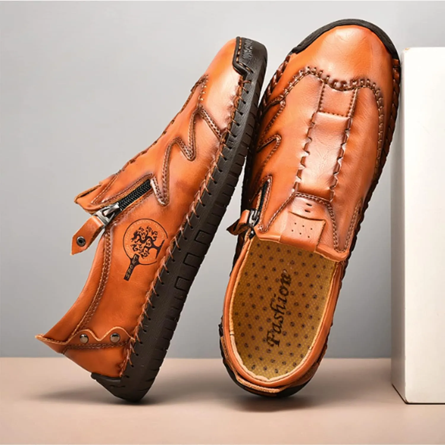 Men Leather Loafer Slip On Comfortable Round Toe Handmade Breathable Soft Sole Walking Flat Penny Work Shoes Driving Shoes for Men