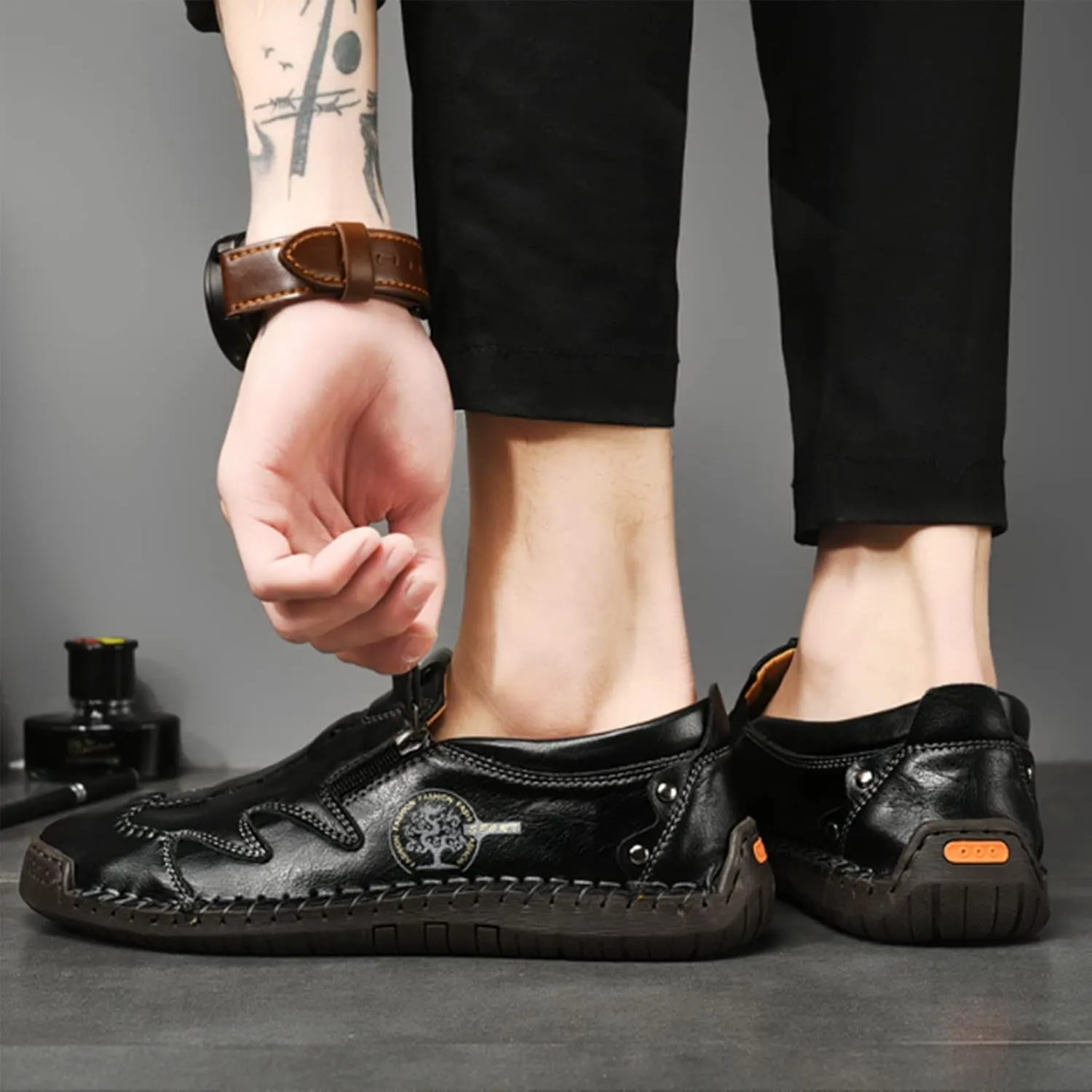 Men Leather Loafer Slip On Comfortable Round Toe Handmade Breathable Soft Sole Walking Flat Penny Work Shoes Driving Shoes for Men