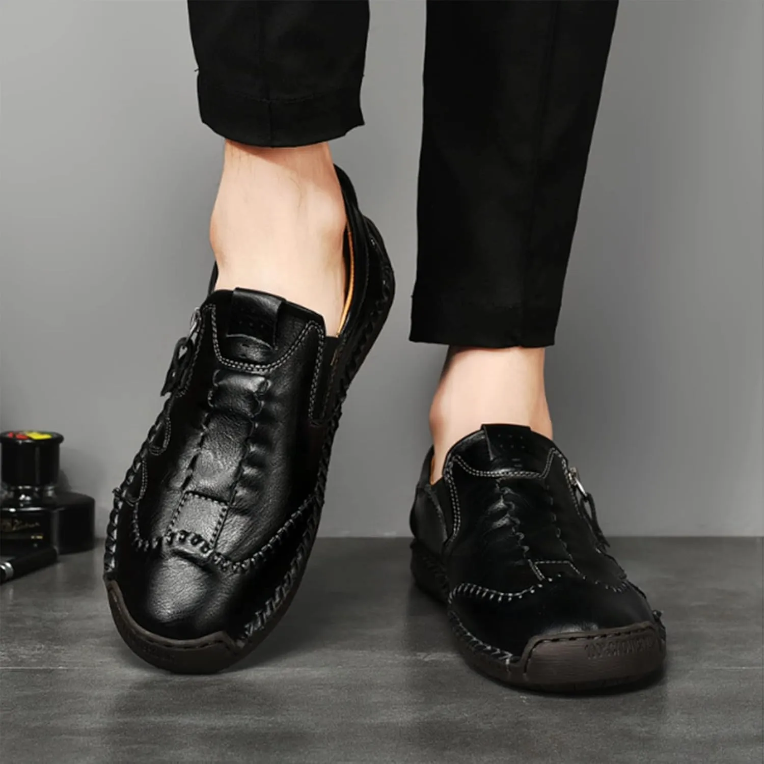 Men Leather Loafer Slip On Comfortable Round Toe Handmade Breathable Soft Sole Walking Flat Penny Work Shoes Driving Shoes for Men