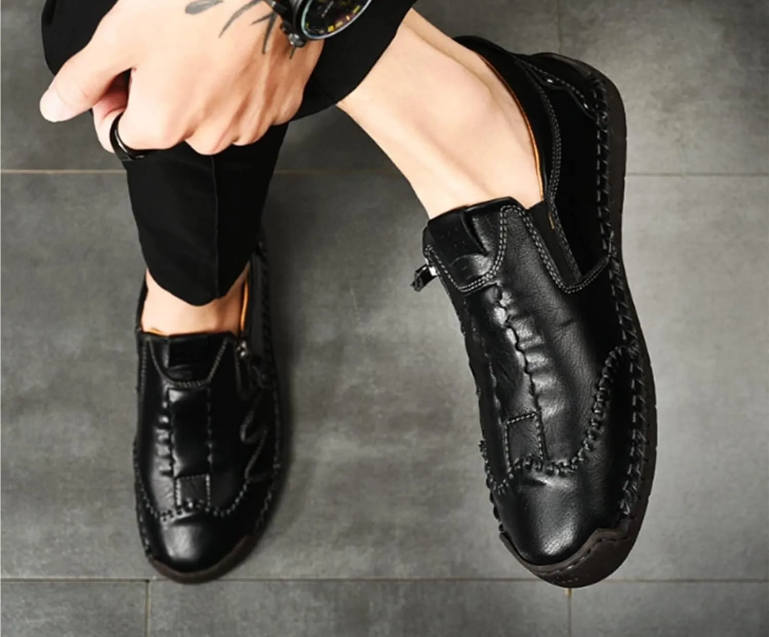 Men Leather Loafer Slip On Comfortable Round Toe Handmade Breathable Soft Sole Walking Flat Penny Work Shoes Driving Shoes for Men