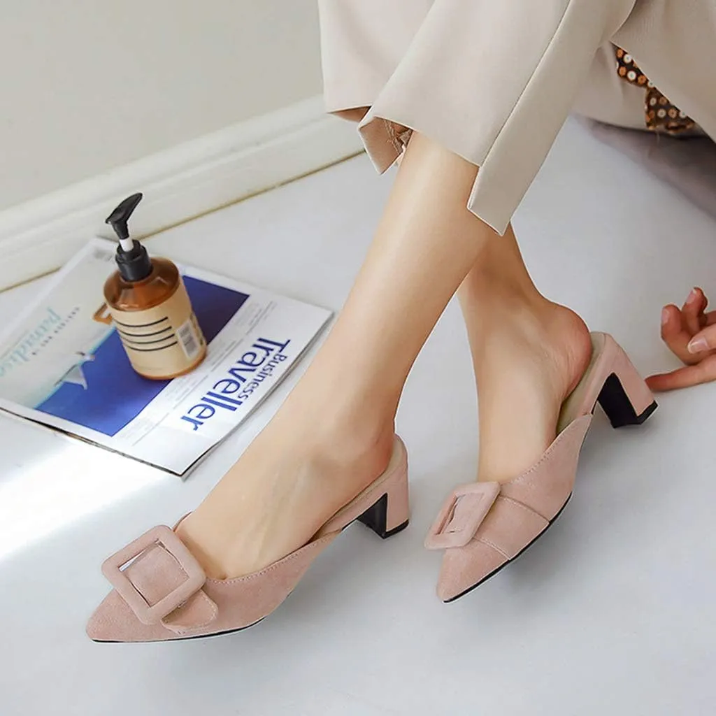 MIOKE Women's Pointed Toe Buckle Mules Low Heel Slip On Loafer Backless Comfy Dress Pump Slide Sandal Shoes