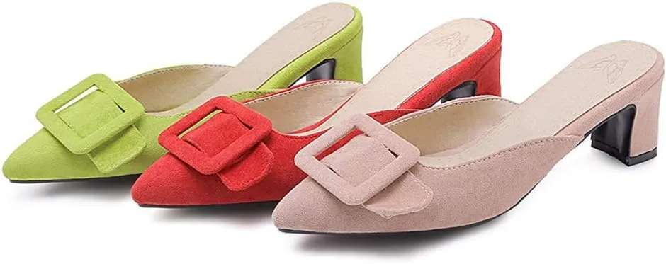MIOKE Women's Pointed Toe Buckle Mules Low Heel Slip On Loafer Backless Comfy Dress Pump Slide Sandal Shoes