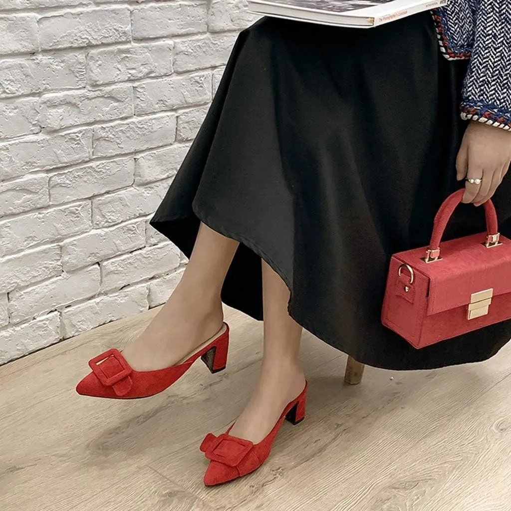 MIOKE Women's Pointed Toe Buckle Mules Low Heel Slip On Loafer Backless Comfy Dress Pump Slide Sandal Shoes