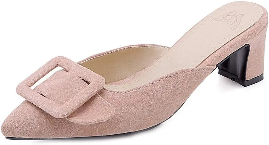 MIOKE Women's Pointed Toe Buckle Mules Low Heel Slip On Loafer Backless Comfy Dress Pump Slide Sandal Shoes