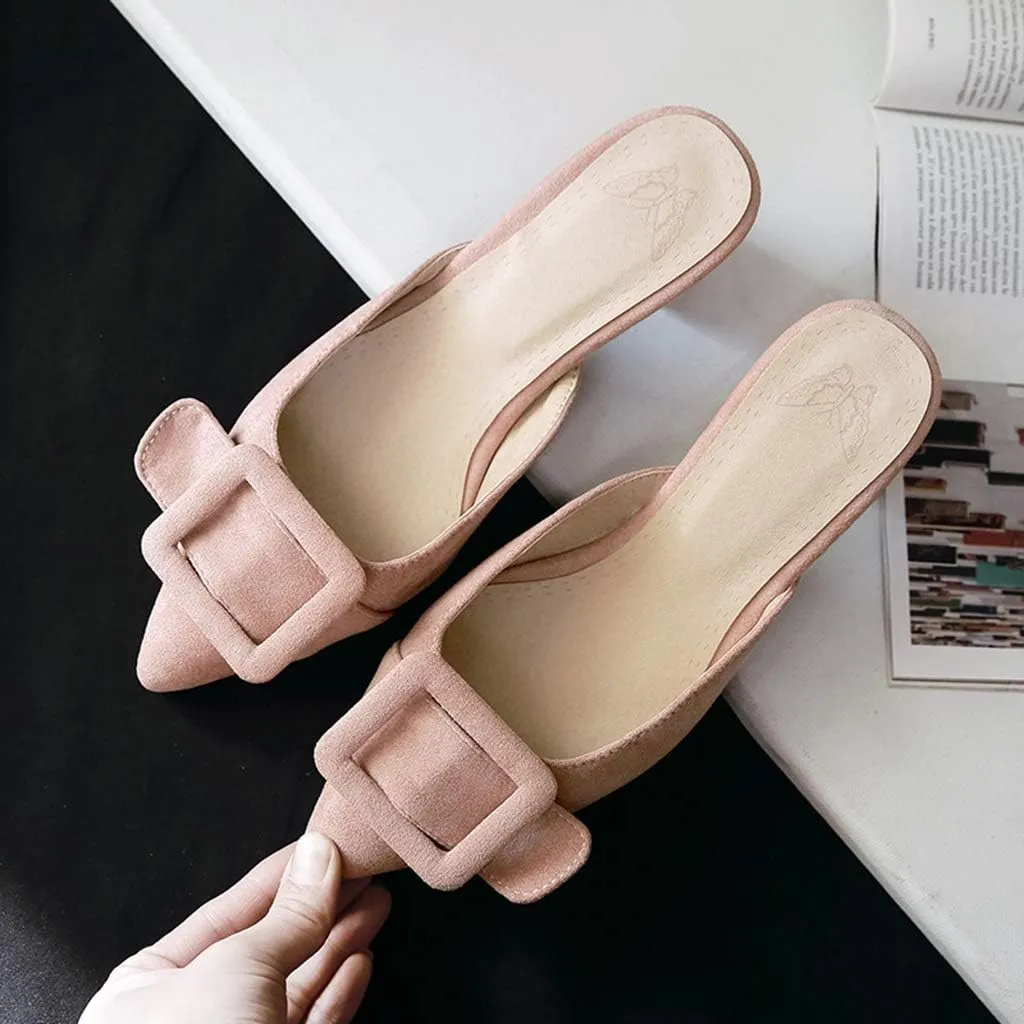 MIOKE Women's Pointed Toe Buckle Mules Low Heel Slip On Loafer Backless Comfy Dress Pump Slide Sandal Shoes