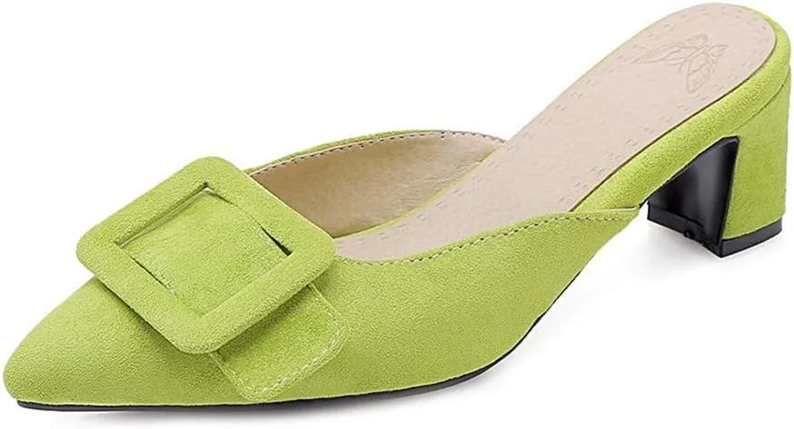 MIOKE Women's Pointed Toe Buckle Mules Low Heel Slip On Loafer Backless Comfy Dress Pump Slide Sandal Shoes