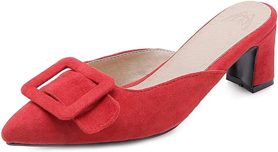 MIOKE Women's Pointed Toe Buckle Mules Low Heel Slip On Loafer Backless Comfy Dress Pump Slide Sandal Shoes