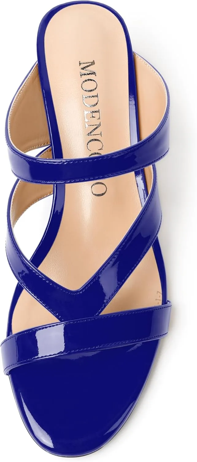 MODENCOCO Womens Patent Party Open Toe Stylish Casual Strappy Slip On Kitten Low Heel Heeled Sandals 2 Inch