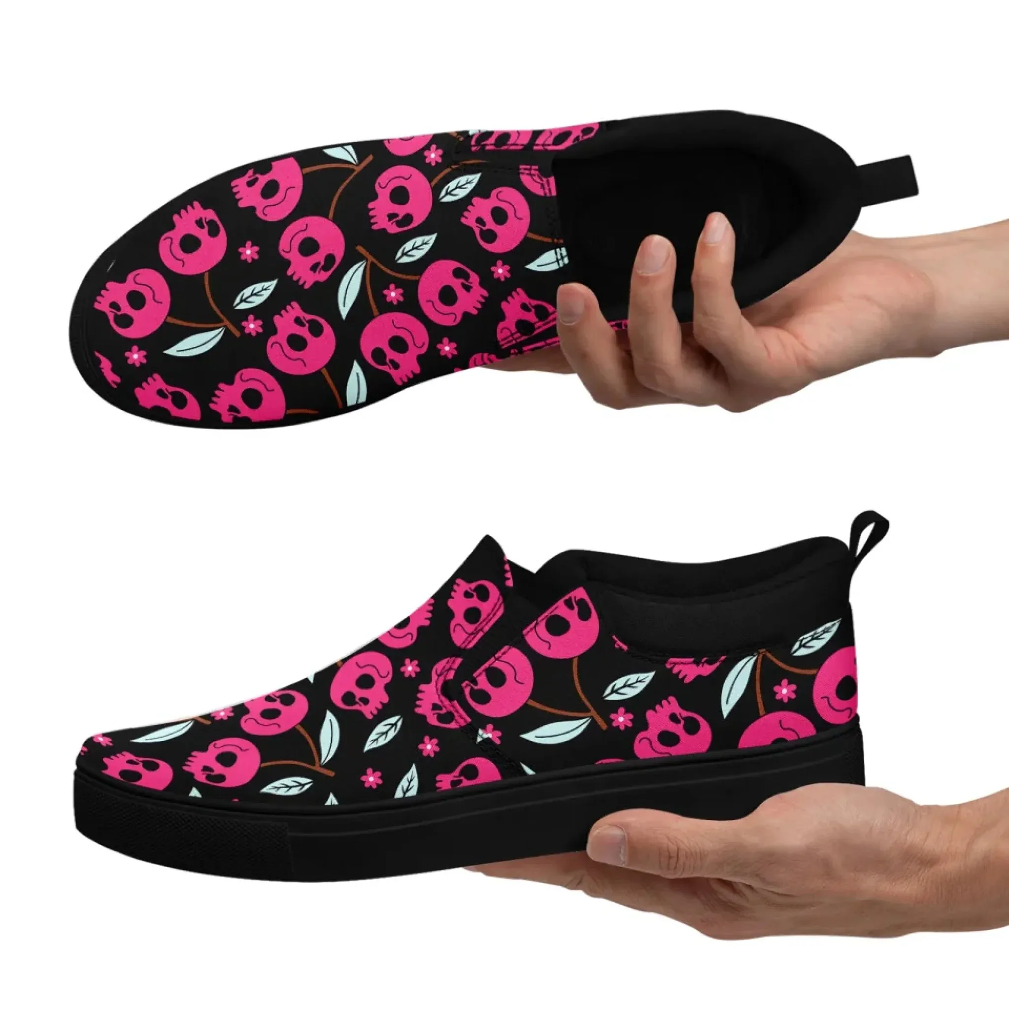 Personalized Gothic Floral Design Sneakers, Custom Raven and Skull Slip On Shoes, Comfortable Unisex Shoes