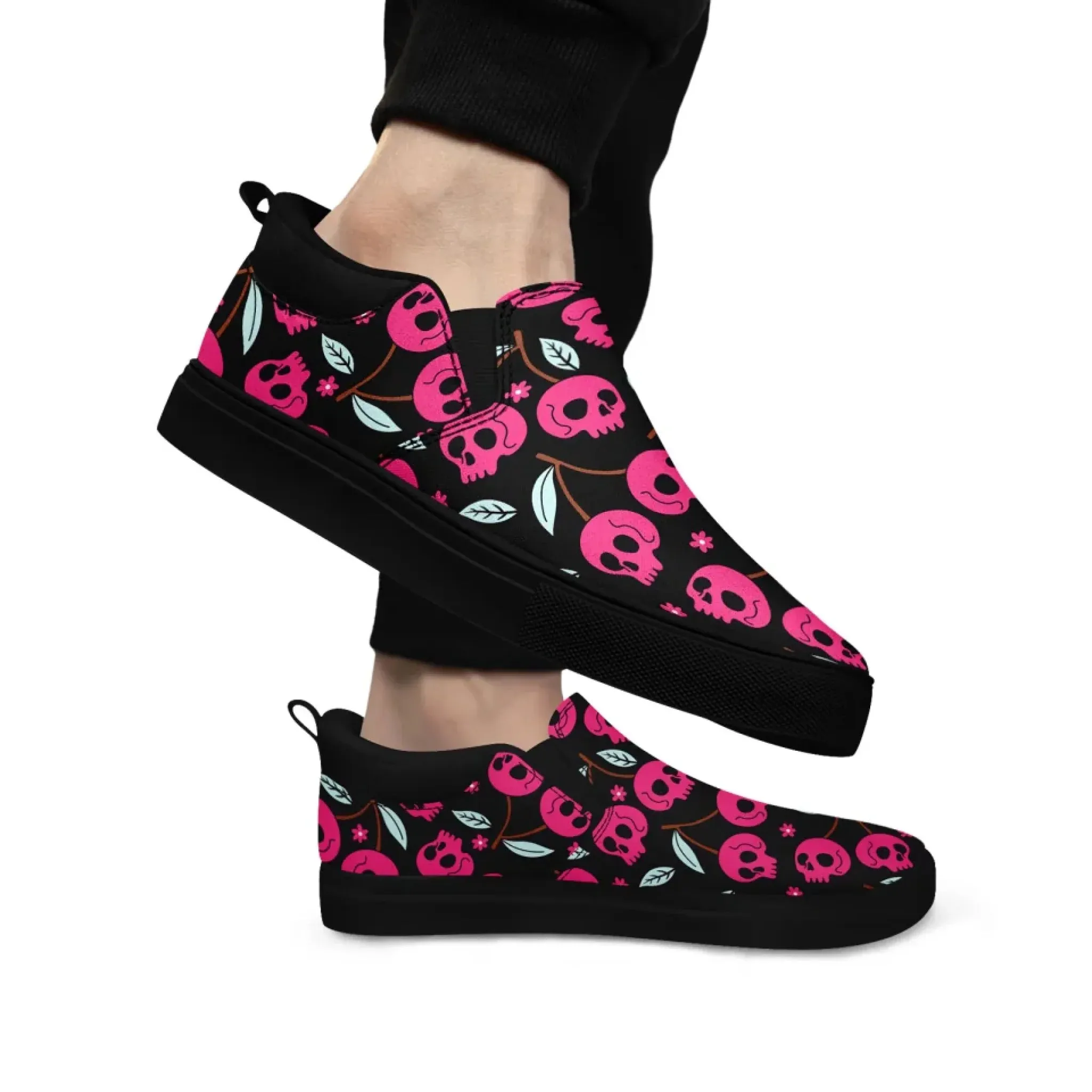 Personalized Gothic Floral Design Sneakers, Custom Raven and Skull Slip On Shoes, Comfortable Unisex Shoes