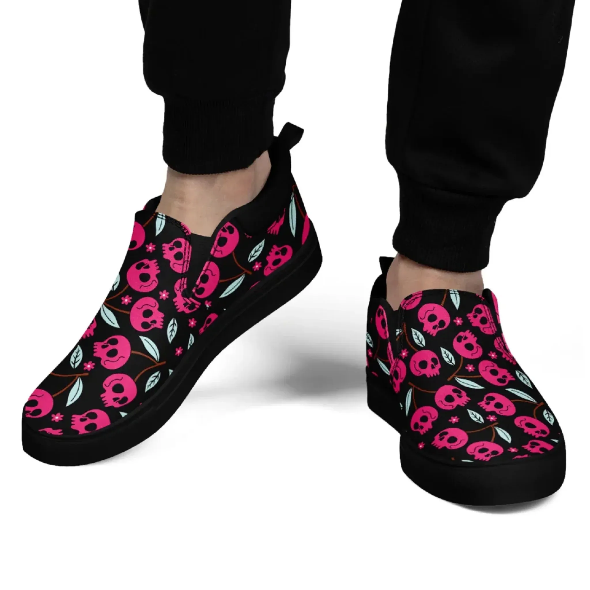 Personalized Gothic Floral Design Sneakers, Custom Raven and Skull Slip On Shoes, Comfortable Unisex Shoes