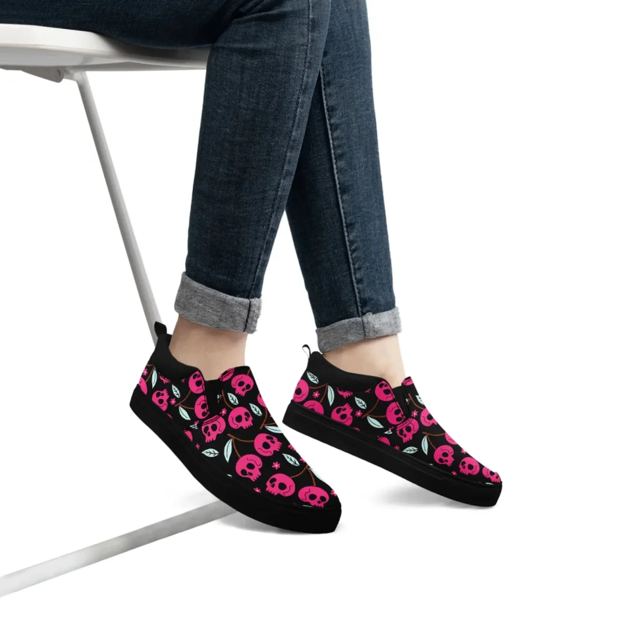 Personalized Gothic Floral Design Sneakers, Custom Raven and Skull Slip On Shoes, Comfortable Unisex Shoes