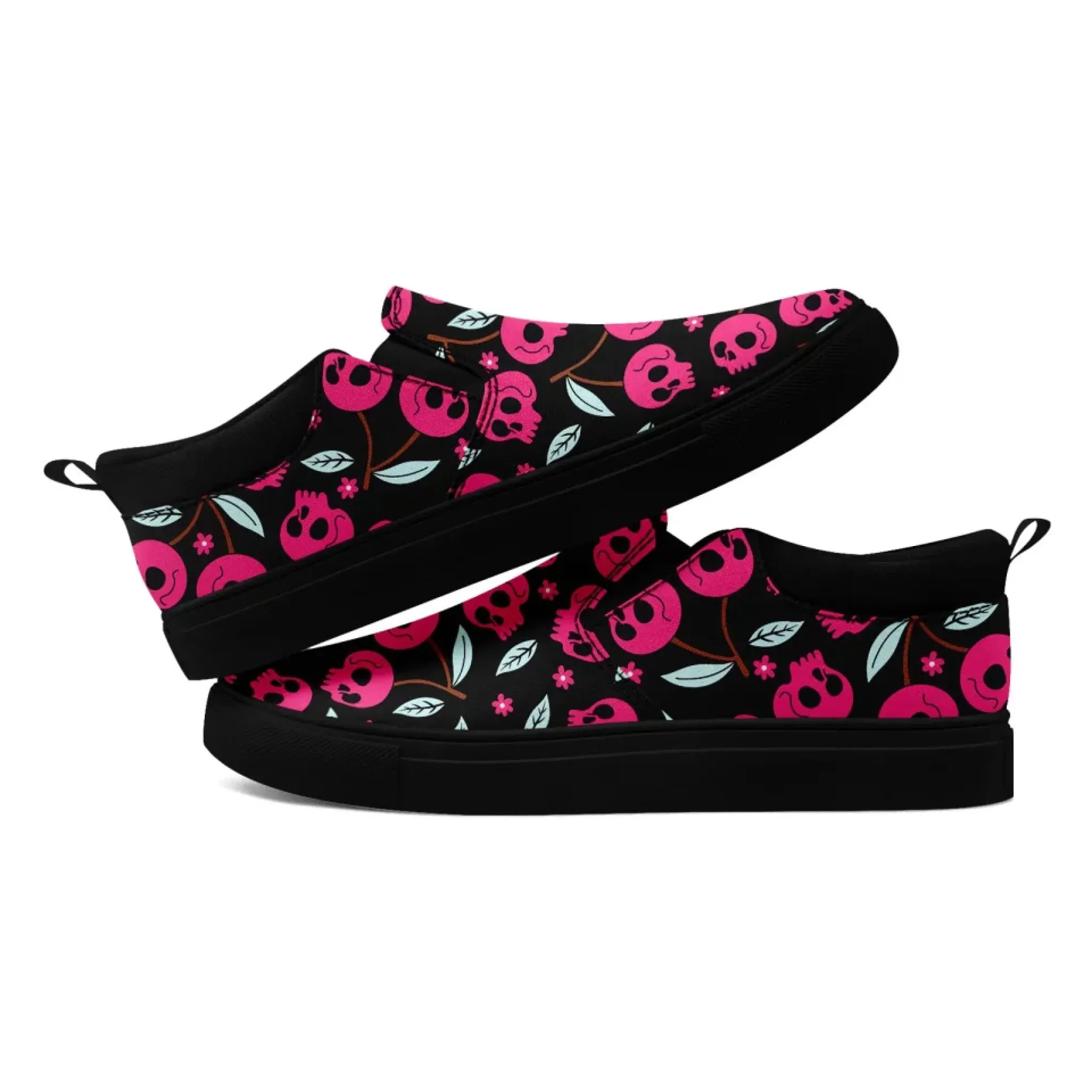 Personalized Gothic Floral Design Sneakers, Custom Raven and Skull Slip On Shoes, Comfortable Unisex Shoes