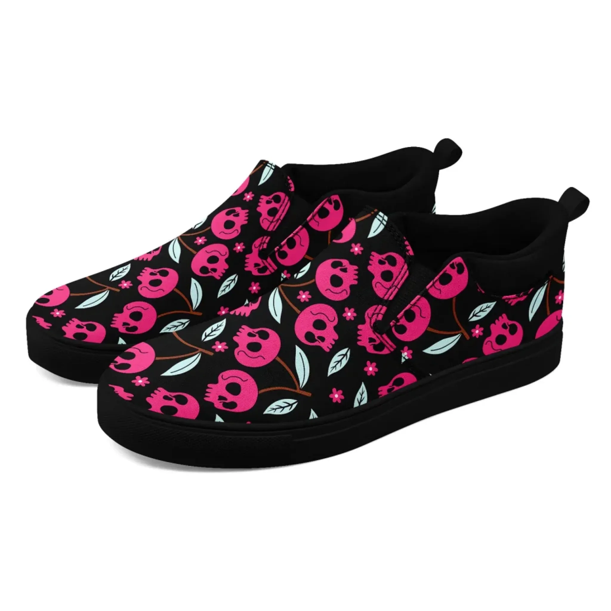 Personalized Gothic Floral Design Sneakers, Custom Raven and Skull Slip On Shoes, Comfortable Unisex Shoes