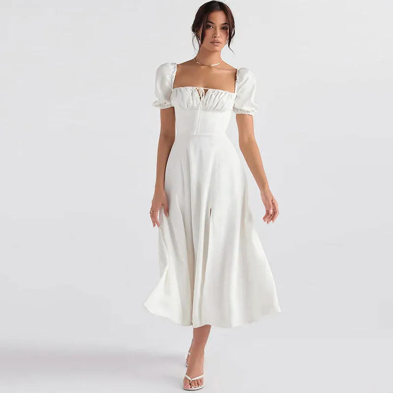 Puff Sleeve Tie Front High Split Off Shoulder Midi Sundress - White