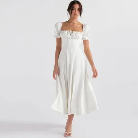 Puff Sleeve Tie Front High Split Off Shoulder Midi Sundress - White