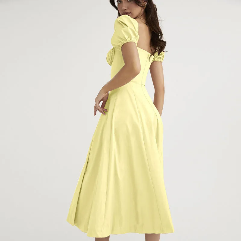 Puff Sleeve Tie Front High Split Off Shoulder Midi Sundress - Yellow