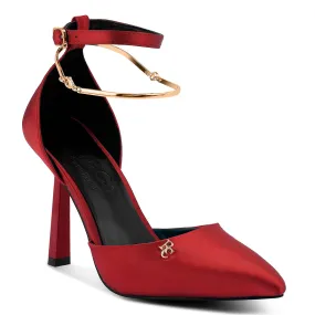 Satin High Heeled Anklet Sandals In Red