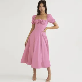 Sexy Puff Sleeve Tie Front High Split Off Shoulder Midi Sundress - Pink