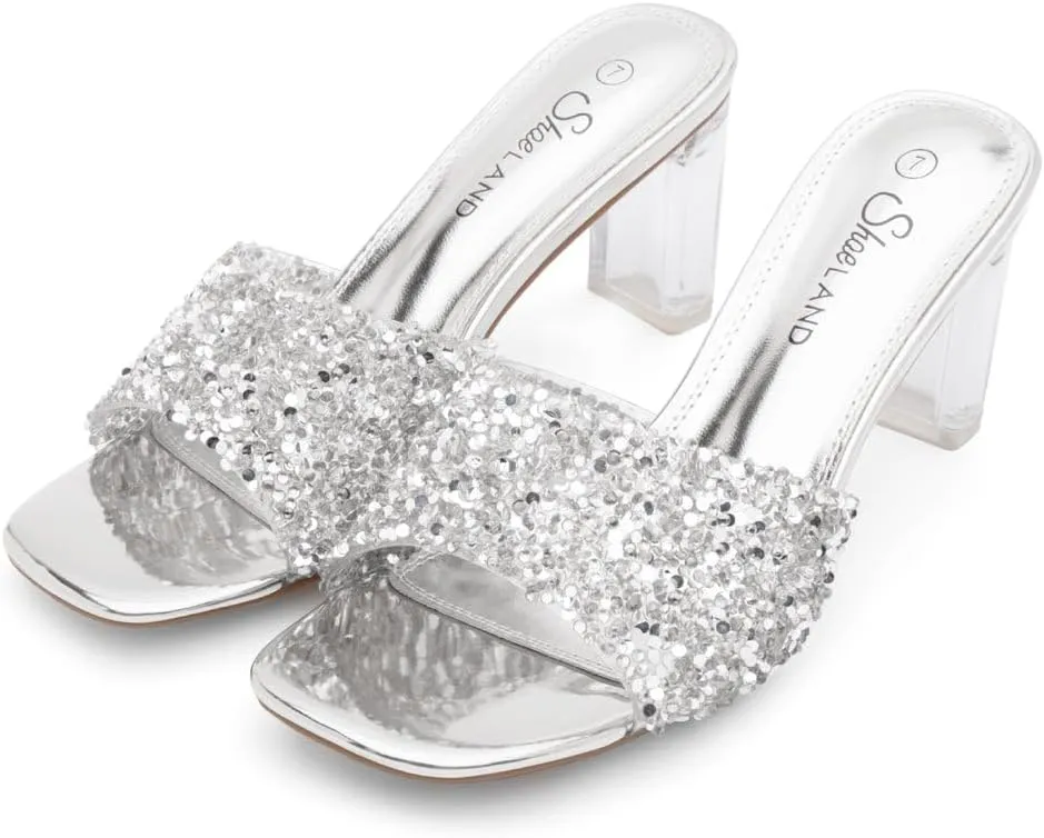 Shoe Land Clear Heels for Women  3 Inch Chunky Heeled Mules, Transparent Slip-On Square Toe Slides | Dressy Clear Sandals for Wedding, Party & Casual Wear