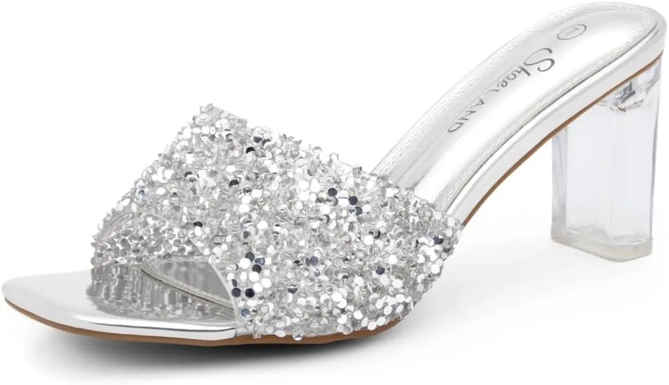 Shoe Land Clear Heels for Women  3 Inch Chunky Heeled Mules, Transparent Slip-On Square Toe Slides | Dressy Clear Sandals for Wedding, Party & Casual Wear