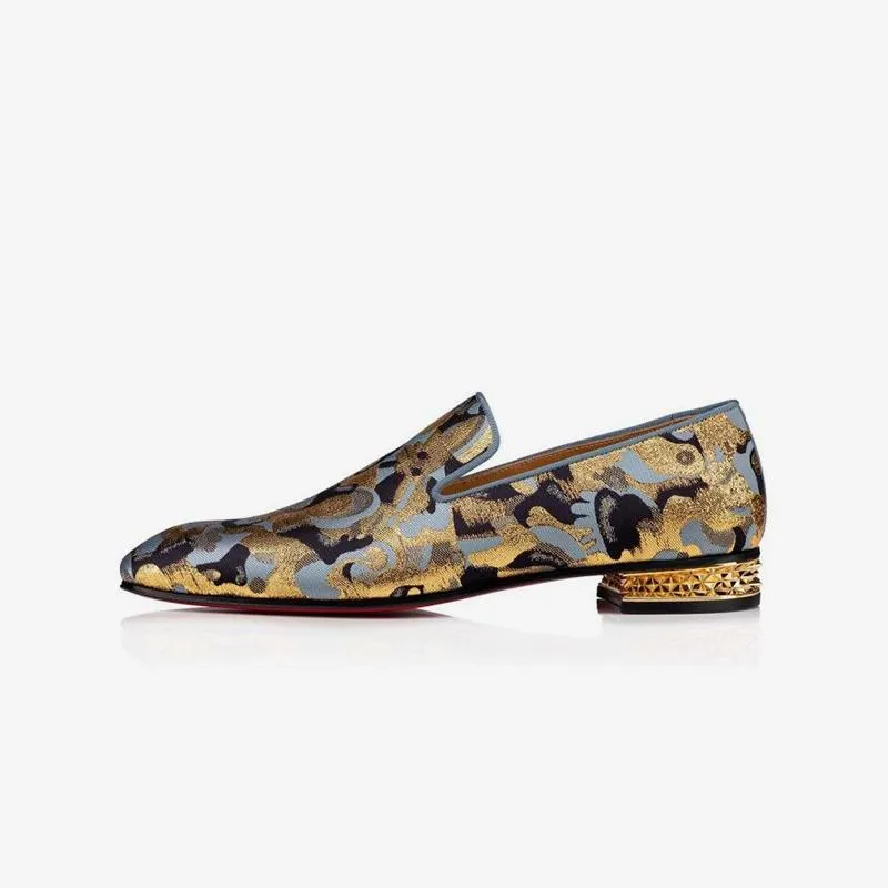 Stud-heel Loafers Flat Nylon Golden Printing Leather