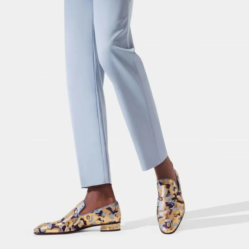 Stud-heel Loafers Flat Nylon Golden Printing Leather