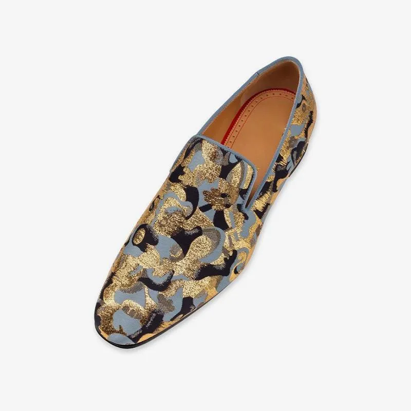 Stud-heel Loafers Flat Nylon Golden Printing Leather
