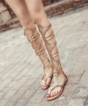 Stylish Gold Hollow Out High Barrel Flat Bottomed Rivet Roman Sandals KJ060