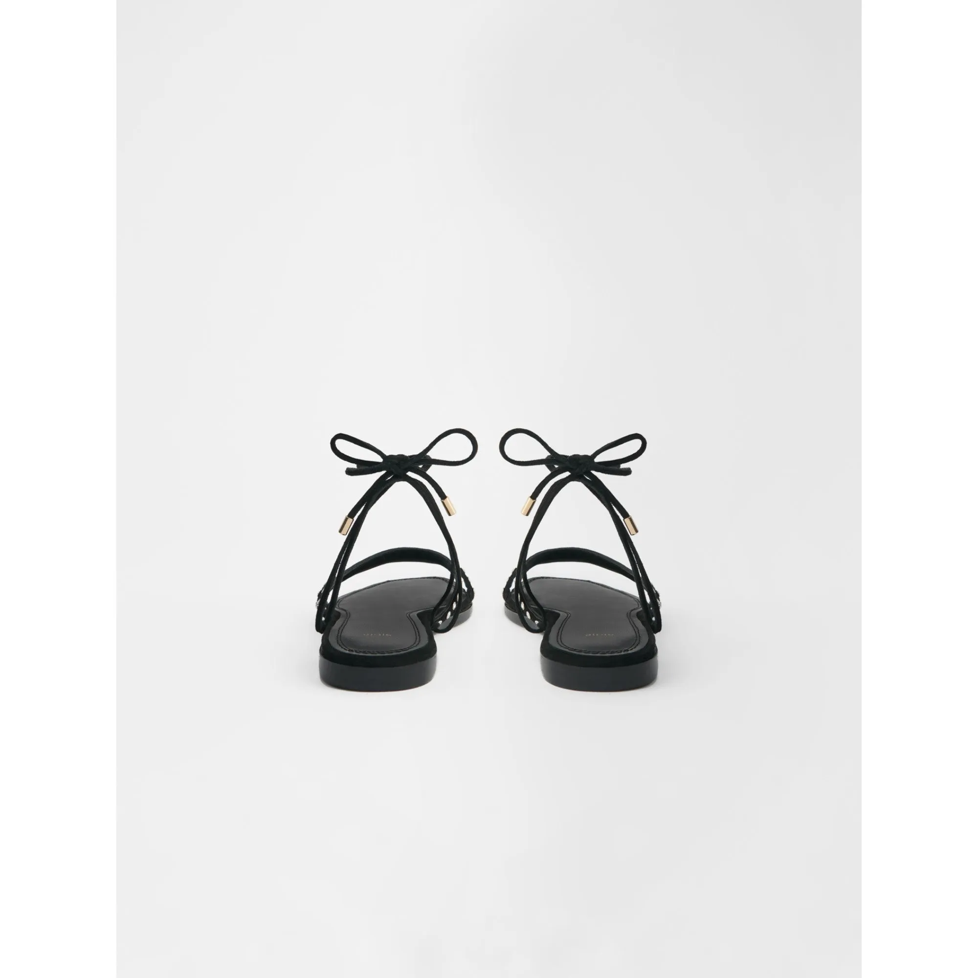 Women Flat Tie Sandals With Rhinestones - Black