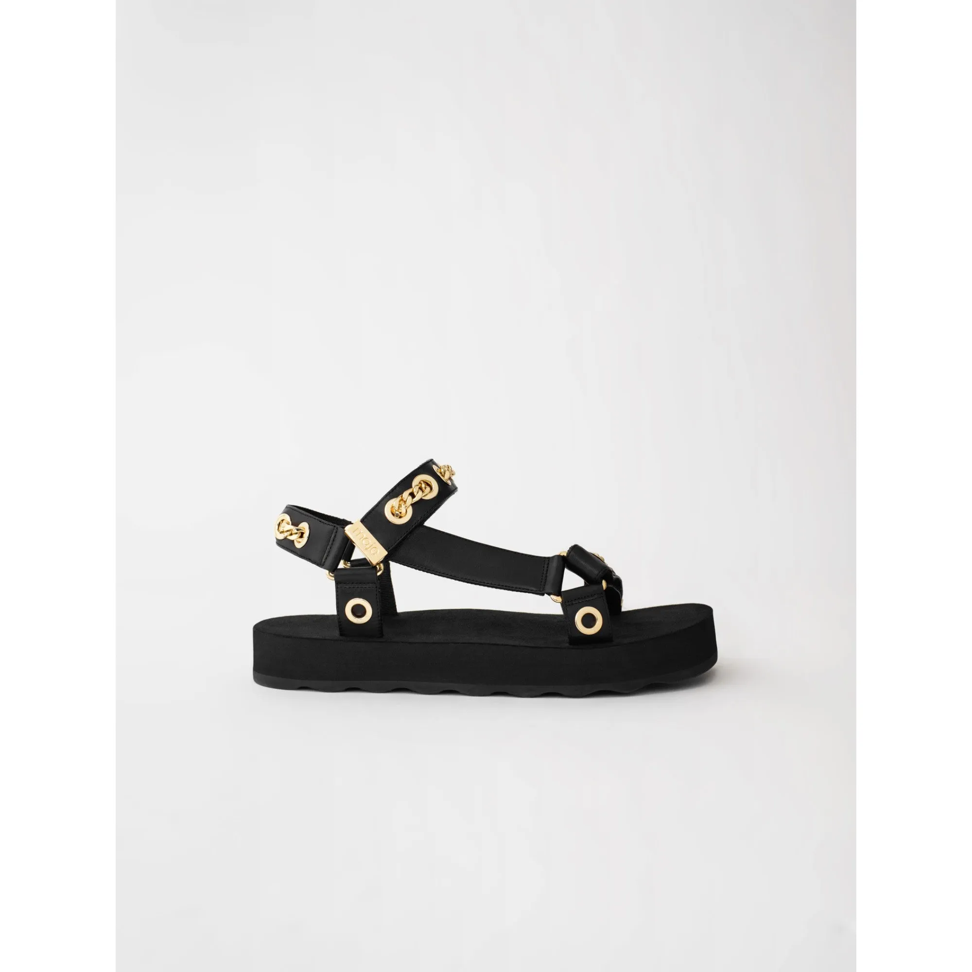 Women Leather Sandals With Eyelets And Chain - Black