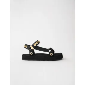 Women Leather Sandals With Eyelets And Chain - Black