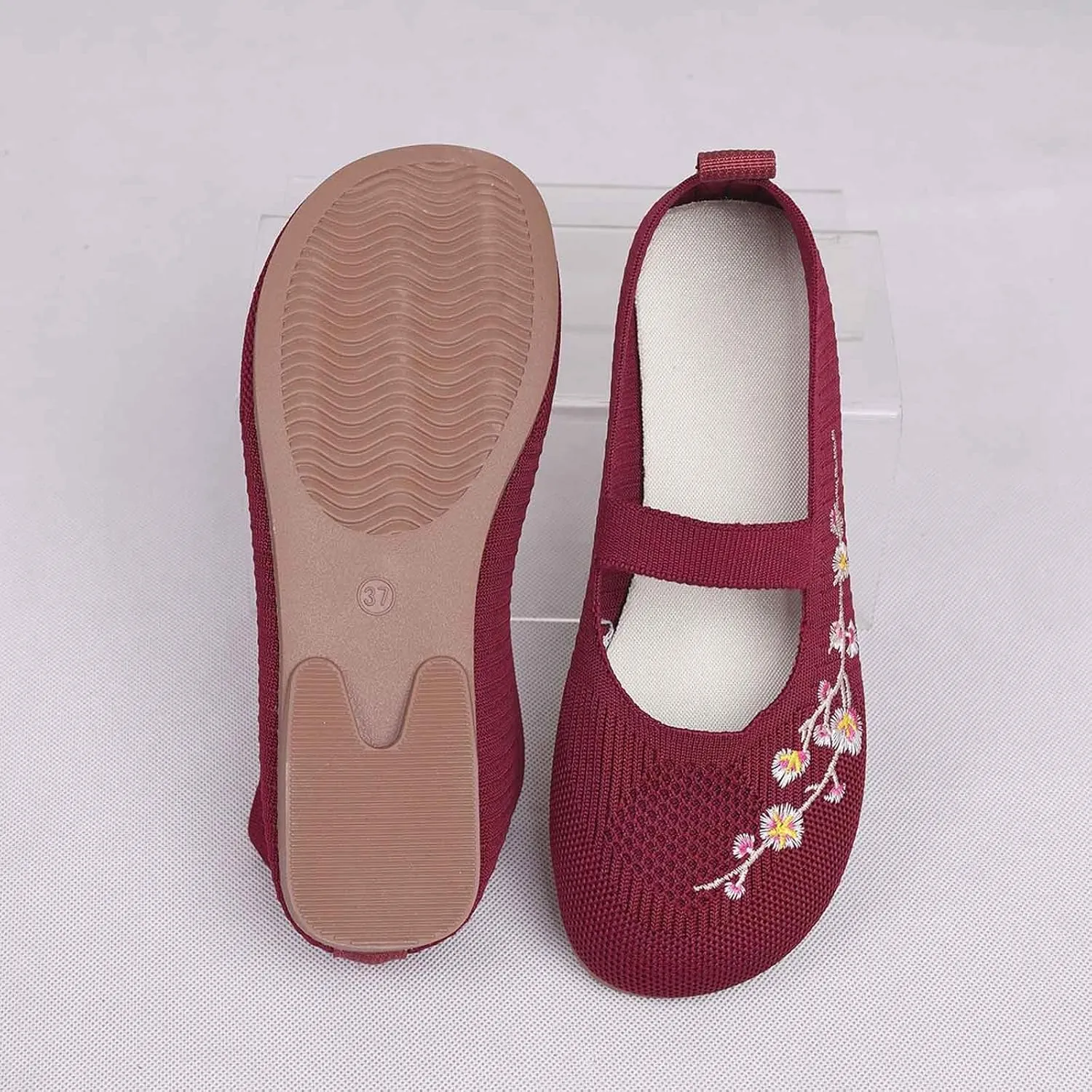 Women's Embroidered Mesh Ballet Comfortable Casual Mary Jane Shoes for Walking Daily Outfits