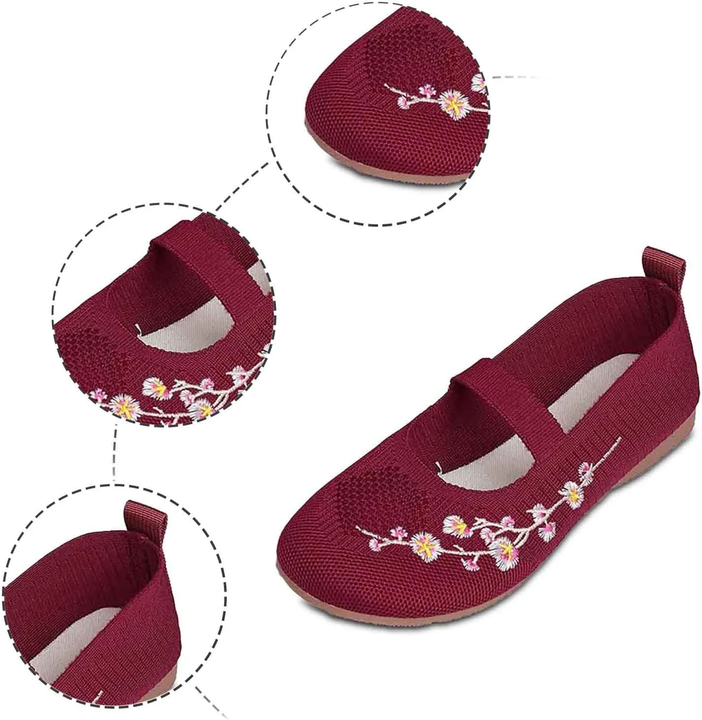 Women's Embroidered Mesh Ballet Comfortable Casual Mary Jane Shoes for Walking Daily Outfits