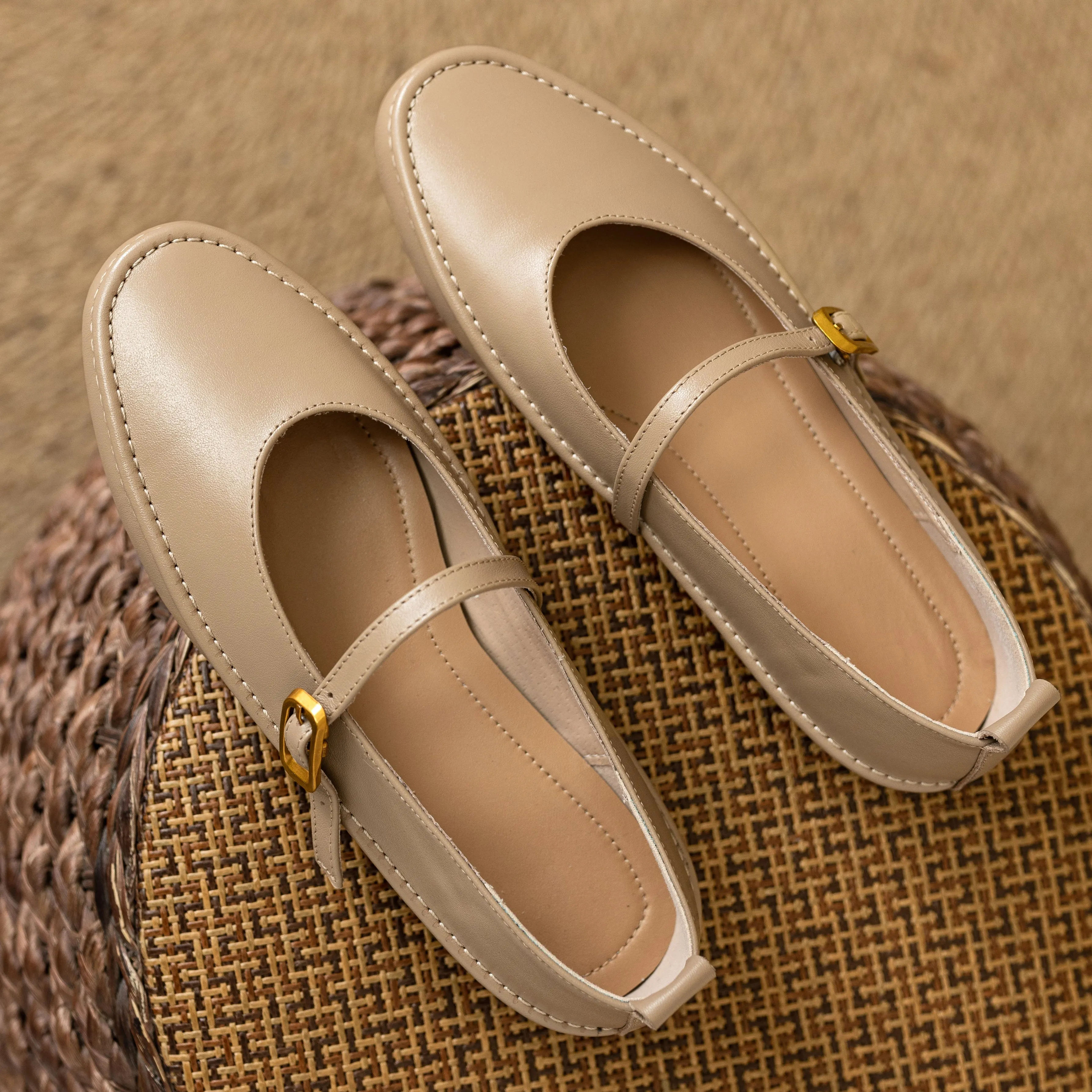 Women's Handmade Leather Round Toe Mary Janes Flats