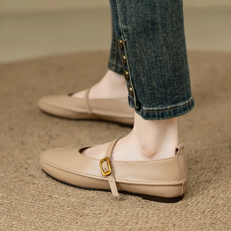 Women's Handmade Leather Round Toe Mary Janes Flats