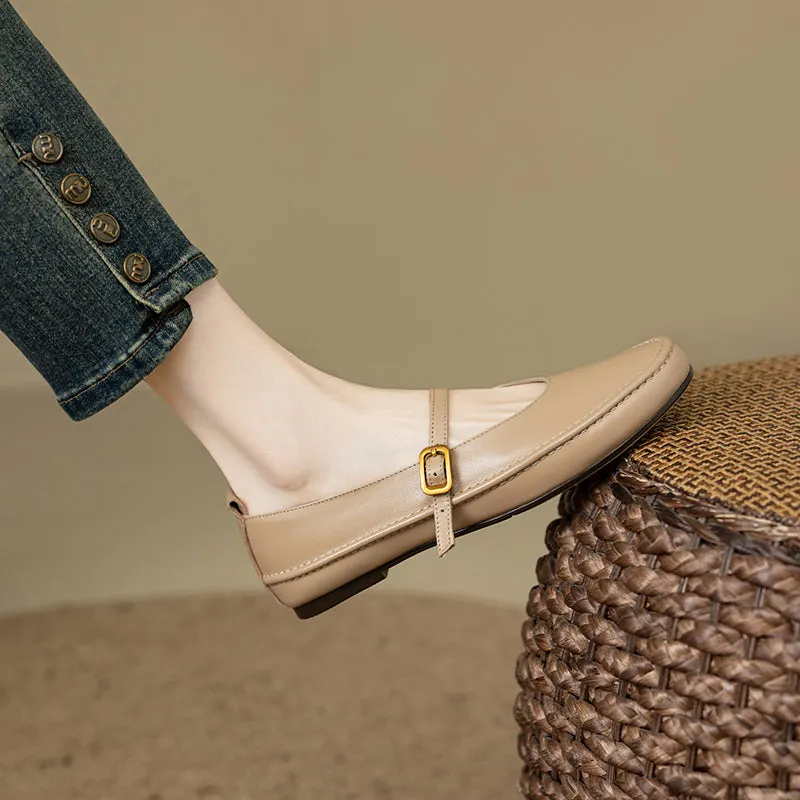 Women's Handmade Leather Round Toe Mary Janes Flats