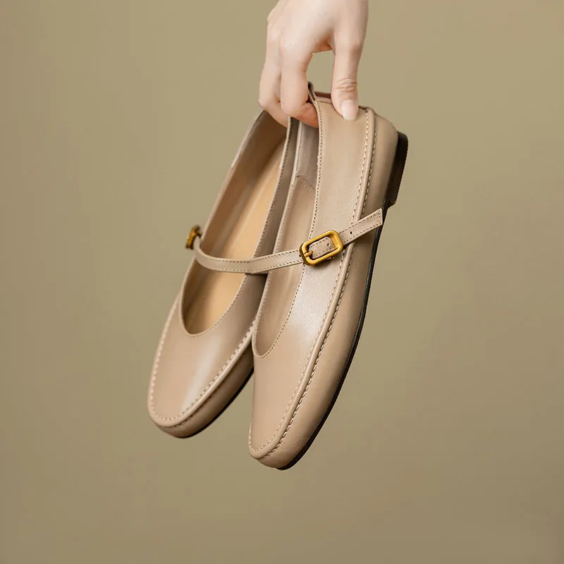 Women's Handmade Leather Round Toe Mary Janes Flats