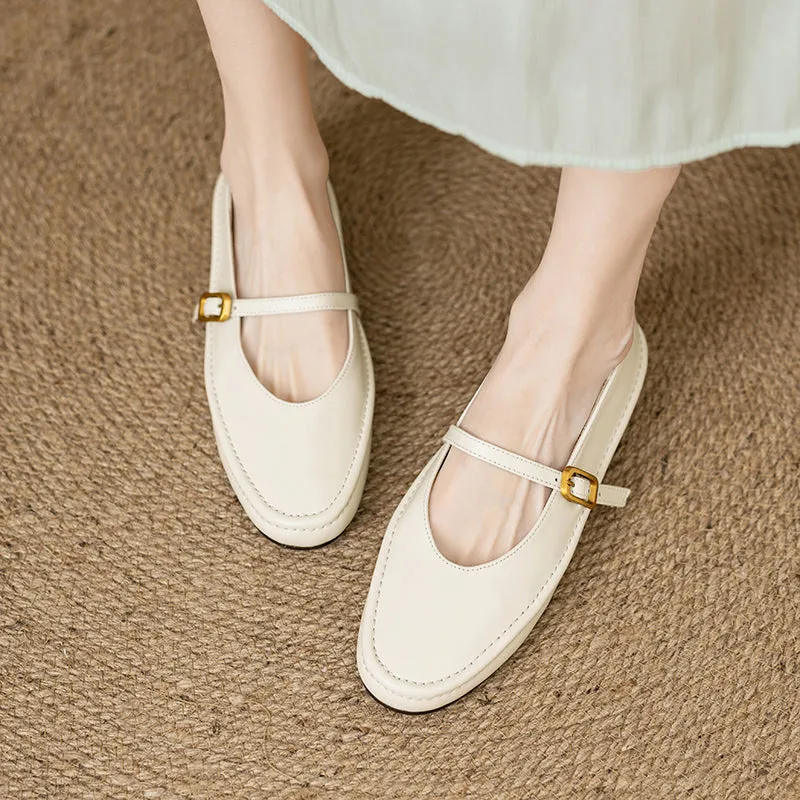 Women's Handmade Leather Round Toe Mary Janes Flats