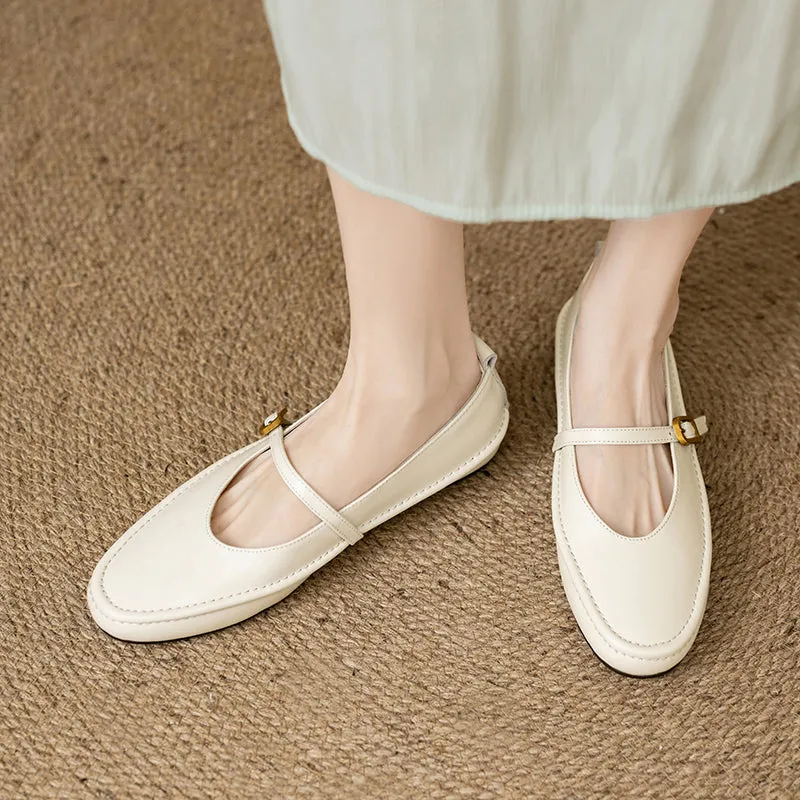 Women's Handmade Leather Round Toe Mary Janes Flats